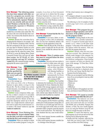 Windows 98


Error Message: “The following system                   example, if you have an Excel document                • If the virtual memory area is damaged by a
files have been replaced with older ver-               open and you try to delete that file using              program
sions by a program you recently ran.                   Windows Explorer) this error will occur.              • If a program attempts to access data that is
These files are currently in use and can-              Attempting to delete a temporary file in                being modified by another running program
not be automatically repaired. Windows                 Windows Explorer while Windows is using it
may not run correctly until you exit and               will also cause this error.                             The following is a list of examples of some
restart Windows so that the files can be                  Solution: Close the file that is causing the       invalid page fault errors and possible
automatically repaired. C:Windows                     error. If Windows is using a system file, reboot-     solutions.
SystemXX”                                            ing your system will release the file and allow
    Translation: Software that you have                you to delete it.                                     Error Message: “This program has per-
installed has overwritten some system files. The                                                             formed an illegal operation and will be
file name in the error is the file that’s been over-   Error Message: “Cannot find the file X or             shut down. If the problem persists, con-
written. Any erroneous files should be shown in        one of its components”                                tact the program vendor.”
the error message.                                        Translation: If you move, delete, or unin-            Translation: Clicking Details on this error
    Solution: Rename the overwritten file by           stall a program or clear a drive of unnecessary       message will show a possible explanation,
changing the file extension to, for example, *.old.    files, you may have mistakenly deleted a file         such as “X caused an invalid page fault in
Go to the WindowsSysbckup folder, find the            necessary to run the application or load a file.      module Y at Z,” where X is the name of the
files that correspond to the ones you renamed,            Solution: Check the Recycle Bin. If the file is    program; Y is the name of the module and Z is
and copy them to WindowsSystem (as in the             present, restore it (right-click the file and click   the address within the memory. After you
tip above). If your system has frozen and you          Restore). If not, reinstall the software that con-    click OK, the program shuts down.
cannot replace the file, reboot the system. Press      tains the file.                                          Solution: Identify when the error mes-
the F8 key to access the Startup Menu. Choose                                                                sage first occurred. Also, determine if you
Command Prompt Only and type cd win-                 Error Message: “Drive X contains errors                recently made changes to the computer; for
dowssystem, ren XX XX.old, cd win-                  that must be corrected before the drive                example, you installed software or changed
dowssysbckup, and copy XX windows                   can be compressed.”                                    the hardware configuration. Clean booting
systemXX at the command prompt, inserting              Translation: This error and ones similar to         your computer can help you identify the
appropriate file names in place of XX.                it may be a result of a folder name with more          cause of the message. To Clean Boot, follow
                                                                           than 66 characters. DOS           these steps:
Error Message: “Can-                                                       will not allow long folder        • Restart your computer. When the Starting
not delete: Cannot                                                         names, while Windows                 Windows dialog box is displayed, press
find the specified file.                                                   will. Running ScanDisk on            the F8 key and choose Step-By-Step Con-
Make sure you specify                                                      a drive (X) using the                firmation from the Startup menu.
the correct path and When Windows encounters a character Automatically Fix Errors                            • When you are prompted, load the following
filename.”                    in a file name that is not allowed, it       option treats the system as          items (if you are prompted to load any other
   Translation: Varia- shows this error message.                           if it’s running in DOS.              items, type n):
tions of this message can                                                      Solution: Run ScanDisk           - Dblspace driver
occur when you click a file in Windows to determine the troublesome file and deselect                           - Himem.sys
Explorer to open, delete, or drag it to the Automatically Fix Errors. Determine the offend-                     - Ifshlp.sys
Recycle Bin. The file or folder may contain ing folder if the message reappears and rename                      - Dblbuff.sys
invalid characters, even though they may not it. If an application created the name, keep it but             • Load the Windows GUI (graphical user inter-
appear in the filename.                               try moving the folder to a temporary location             face), and choose to load all Windows drivers.
   Solution: Create a temporary folder, copy with a shorter name. Return the file to its origi-
the file or folder’s contents to it and delete nal location after ScanDisk has completed.                    Error Message: “XX caused an invalid
the old folder’s contents by pressing CTRL-A                                                                 page fault in module HHCTRL.OCX at Y”
and pressing DELETE. Restore all the files                     Invalid Page Fault Error                         Translation: This behavior can occur
except the improperly named one to the old               When programs and the Windows operating             when you try to use the Help feature in pro-
folder. Use a single-character wildcard ques- system pass invalid parameters among them, an                  grams and system tools that are included
tion mark to replace the invalid character (i.e. error known as an invalid page fault will occur.            with Win98, such as WordPad, Notepad, Net
to rename a file named *eadme.txt, type ren An invalid page fault results when an invalid                    Watcher, or Paint. The error usually happens
?eadme.txt readme.txt).                               parameter within a program causes the program          if you are using the Windows swap file and
                                                      to run invalid instructions. The following are         there isn’t enough free space on the drive.
Error Message: “Error Deleting File. some situations that may cause invalid instruc-                            Solution: To resolve this behavior, unin-
Cannot delete XX. Access is denied. Make tions:                                                              stall programs you do not use and use the Disk
sure the disk is not full or write-protected • If the virtual memory becomes unstable due                    Cleanup tool by following these steps:
and that the file is not currently in use.”              to a shortage of RAM                                • Double-click My Computer, right-click the
   Translation: When you attempt to delete • If the virtual memory becomes unstable due                         hard disk you want to clean, click Prop-
a file (XX) that another program is using (for           to a shortage of free disk space                       erties, and then click Disk Cleanup.
                                                                                                                                             PC Errors • 67
 