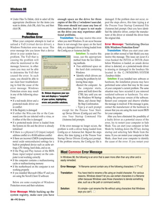 Windows 98


• Under Files To Delete, click to select all the      enough space on the drive for three damaged. If the problem does not occur, re-
  appropriate checkboxes for the items you            copies of the file c:windowsuser.dat. peat the steps above, this time typing y at
  want to delete, click OK, click Yes, and then       This error should not cause any loss of the Process Your Startup Command File
  click OK.                                           information, but if space is not made (Autoexec.bat) prompt. Once you have identi-
                                                      on the drive you may experience addi- fied the defective driver, contact the manufac-
                   Windows                            tional problems.                                     turer of the driver or reinstall the driver from
               Protection Error                          Translation: You may receive this error the original disk.
   When your computer attempts to load or when you start Windows. It can occur because
unload a VxD (virtual device driver), a there is not enough free space on the hard Error Message: “Initializing Device
Windows Protection error may occur. This disk, or a damaged driver is being loaded from IOS: Windows Protection Error”
error message lets you know that a device the Config.sys or Autoexec.bat file.                                Translation: When you start your com-
driver in your system has a                                               Solution: To resolve this puter (in either normal or Safe Mode) you may
problem. The VxD that is                                               issue, use the appropriate receive this message. This issue can occur if a
causing the problem will                                               method from the two follow- virus hooked the INT21h or INT13h chain
often be mentioned in the                                              ing methods.                        before Windows is loaded, an unsafe device
message; however, in other                                             • Free additional space on driver is detected, or a protected-mode driver
cases you may not be able                                                 the hard disk containing is missing or damaged in the Iosubsys file
to determine the VxD that                                                 Windows                          located in the C:/WINDOWS/SYSTEM
caused the error. In such                                              • Identify which drivers are /Iosubsys folder.
cases, you should be able to                                              causing the problem by fol-         Solution: If you installed new software or
use clean boot troubleshoot-                                              lowing these steps:              hardware, the installation process may have
ing to find the cause of the                                              -Restart the computer. As performed some action that may be the cause
error message. Windows                                                       the computer starts, of your computer’s current problem. The same
Protection errors may result                                                 press and hold down the situation may have occurred if you removed
                                    Dr. Watson diagnoses your sys-
in any of the following situa-                                               CTRL key until you see outdated software or hardware. Try rein-
                                    tem and displays a “snapshot”
tions:                                                                       the Windows 98 Startup stalling the previous version of the software.
                                    of your system, highlighting
• If a real-mode driver and a                                                Menu, and choose Step- Restart your computer and observe whether
                                    errors and possible solutions.
   protected-mode driver are                                                 By-Step Confirmation.         the message is resolved. If the message is gone,
   in conflict                                                            - Type y at each prompt contact the manufacturer of the hardware to
• If the Registry is damaged                                except for the Process Your Start- ensure that you are using the most recent BIOS
• If either the Win.com file or the Com-                    up Device Drivers (Config.sys) and Pro- for your computer.
   mand.com file are infected with a virus, or              cess Your Startup Command File                    After you have eliminated the possibility of
   if either of the files is damaged                        (Autoexec.bat) prompts.                        a faulty driver as a potential source of the
• If a protected-mode driver is loaded from                                                                error, try to restart your computer in Safe
   the System.ini file and the driver is already         If the error message no longer occurs, the Mode. You can start your computer in Safe
   initialized                                        problem is with a driver being loaded from Mode by holding down the F8 key during
• If there is a physical I/O (input/output) Config.sys or Autoexec.bat. Repeat the steps startup and selecting Safe Mode from the
   address conflict or a RAM address conflict         above, this time typing y at the Process Your menu. If you can restart your computer in Safe
• If there are incorrect CMOS (complementary Startup Device Drivers (Config.sys) prompt. Mode, clean boot your computer to identify
   metal oxide semiconductor) settings for a If the problem returns, the Config.sys file is the cause of the error. If you restart your
   built-in peripheral device such as cache set-
   tings, CPU timing, hard disks, and so on.
• If the Plug and Play feature of the BIOS
   (basic input/output system) on the com-
                                                          Most Common Error Message
   puter is not working correctly                         In Windows 98, the following is an error that is seen more often than any other and is
• If the computer contains a malfunctioning               easily remedied.
   cache or malfunctioning memory
• If the motherboard on the computer is not               Error Message: “A filename cannot contain any of the following characters: /:*?”<>|”
   working properly
• If you installed Microsoft Office 97 and you            Translation:      You have tried to rename a file using an invalid character. For various
   are using the Novell Client 32 software                                  reasons, Windows doesn’t let you use certain characters in a filename
                                                                            (often because Windows uses those characters to denote something
   Below are some examples of Windows                                       else, such as a file path or command switch).
Protection errors and their solutions.
                                                          Solution:         It’s simple—just rename the file without using characters that Windows
Error Message: While backing up the                                         says you can’t. ■
system registry, make sure you have
68 • PC Errors
 