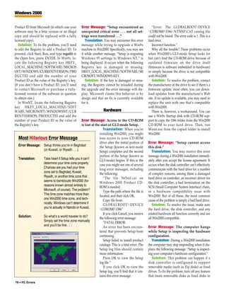 Windows 2000


Product ID from Microsoft (in which case your     Error Message: “Setup encountered an                  “Error: The GLOBALROOTDEVICE
software may be a beta version or an illegal      unexpected critical error . . . not all set-       CDROM0I386NT5INF.CAT catalog file
copy and should be replaced with a fully          tings were transferred . . .”                      could not be found. The error code is 1. This is a
licensed copy).                                      Translation: You may encounter this error       fatal error.
   Solution: To fix the problem, you’ll need      message while trying to upgrade a Win9x               Incorrect function.”
to edit the Registry to add a Product ID. To      machine to Win2000. Specifically, you may see         Why all the trouble? These problems occur
proceed, click Start, Run, and type regedit in    it while another message, “Setup is migrating      when Win2000’s GUI-mode Setup looks for
the Open box; press ENTER. In Win9x, lo-          Windows 95 settings to Windows NT,” is             but can’t find the CD-ROM drive because of
cate the following Registry key HKEY_             being displayed. It occurs when the following      outdated firmware on the drive itself
LOCAL_MACHINE/SOFTWARE/MICROS                     Registry key is damaged or missing:                (firmware is software embedded in hardware)
OFT/WINDOWS/CURRENTVERSION/PRO                    HKEY_LOCAL_MACHINE/SOFTWARE/MI                     or simply because the drive is not compatible
DUCTID and add the number of your                 CROSOFT/WINDOWS KEY.                               with Win2000.
Product ID as the value of the Registry’s key.       Solution: If the key is damaged or miss-           Solution: To resolve the problem, contact
(If you don’t have a Product ID, you’ll need      ing, the Registry cannot be reloaded during        the manufacturer of the drive to see if there’s a
to contact Microsoft or purchase a fully-         the upgrade and the error message will dis-        firmware update; most often, you can down-
licensed version of the software in question      play. Microsoft claims this behavior is by         load updates from the manufacturer’s Web
to obtain one.)                                   design and that no fix is currently available      site. If no update is available, you may need to
   In WinNT, locate the following Registry        for it.                                            replace the unit with one that’s compatible
key HKEY_LOCAL_MACHINE/SOFT                                                                          with Win2000.
WARE/MICROSOFT/WINDOWSNT/CUR                                       Hardware                             There is, however, a workaround. You can
RENTVERSION/PRODUCTID and add the                                                                    use a Win9x Startup disk with CD-ROM sup-
number of your Product ID as the value of       Error Message: Access to the CD-ROM                  port to copy the I386 folder from the Win2000
the Registry’s key.                             is lost at the start of GUI-mode Setup.              CD-ROM to your hard drive. Then, run
                                                                 Translation: When you’re            Winnt.exe from the copied folder to install
                                                              installing Win2000, you might          Win2000.
  Most Hilarious Error Message                                lose access to your CD-ROM
                                                              drive after the initial portion of     Error Message: “Setup cannot access
  Error Message: Setup thinks you’re in Baghdad               the Setup (known as text-mode          this disk.”
                 (or Kuwait, or Riyadh . . .)                 Setup) completes and the second           Translation: You may receive this error
                                                              portion of the Setup (known as         message during a Win2000 installation immedi-
  Translation:   Take heart if Setup tells you it can’t       GUI-mode) begins. If this is the       ately after you accept the license agreement. It
                 determine your time zone properly.           case you might see one of several      occurs when the disk controller can’t effectively
                 Chances are you had your time                long error messages, including         communicate with the hard drive for a number
                 zone set to Baghdad, Kuwait,                 the following:                         of complex reasons, among them a damaged
                 Riyadh, or another time zone that               “The file Nt5inf.cat on             hard drive or controller, an incorrect driver for
                 seems to bamboozle Win2000 (for              Windows 2000 Product CD-               the disk controller, a bad termination on the
                 reasons known almost entirely to             ROM is needed.                         SCSI (Small Computer System Interface) chain,
                 Microsoft, of course). The problem?             Type the path where the file is     or a hardware compatibility issue with
                 This time zone matches more than             located, and then click OK.            Win2000. But of all these, the most common
                 one Win2000 time zone, and tech-                Copy file from:                     cause of the problem is simply a bad hard drive.
                 nically, Windows can’t determine if             GLOBALROOTDEVICE                      Solution: To resolve the issue, make sure
                 you’re actually in Nairobi or Kuwait.        CDROM0I386”                          the hard drive, the disk controller, and any
                                                                 If you click Cancel, you receive    related hardware all function correctly and are
  Solution:      So what’s a world traveler to do?            the following error message:           all Win2000-compatible.
                 Simply set the time zone manually               “FATAL ERROR:
                 and you’ll be fine. ■                           An error has been encoun-           Error Message: The computer hangs
                                                              tered that prevents Setup from         while Setup is inspecting the hardware
                                                              continuing.                            configuration.
                                                                 Setup failed to install product        Translation: During a Win2000 installation
                                                              catalogs. This is a fatal error. The   the computer may stop responding when it dis-
                                                              Setup log files should contain         plays the following message: “Setup is inspect-
                                                              more information.                      ing your computer’s hardware configuration.”
                                                                 Press OK to view the Setup             Solution: This problem can happen if a
                                                              log file.”                             disk controller is configured to support
                                                                 If you click OK to view the         removable media (such as Zip disks) as fixed
                                                              Setup log, you’ll find that it con-    drives. To fix the problem, turn off any feature
                                                              tains this error message:              that treats removable disks as fixed disks in
78 • PC Errors
 