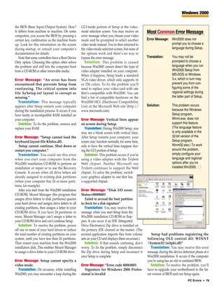 Windows 2000


the BIOS (Basic Input/Output System). How?           GUI-mode portion of Setup at the video-
It differs from machine to machine. On some          mode selection screen. You may receive an       Most Common Error Message
computers, you access the BIOS by pressing a         error message when you choose your video
certain key combination as the machine boots         mode and be prompted to select another          Error Message: Win2000 does not
up. Look for this information on the screen          video mode instead. You’re then returned to                    prompt you to choose a
during startup, or consult your computer’s           the video-mode selection screen, but none of                   language during Setup.
documentation for details.                           the options work and there’s no way to
   Note that some controllers have a Boot Device     bypass the error message.                       Translation:      You may not be
Only option. Choosing this option often solves          Solution: This problem is caused                               prompted to choose a
the problem and still lets the computer boot         because Win2000 cannot detect the type of                         language when you run
from a CD-ROM or other removable media.              video adapter installed on your computer.                         Win2000 Setup from
                                                     When it happens, Setup loads a standard                           MS-DOS or Windows
Error Message: “An error has been                    VGA video driver, which only supports 16                          3.x, which in turn may
encountered that prevents Setup from                 or 256 colors. To fix the problem you’ll                          prevent you from con-
continuing. The critical system info                 need to replace your video card with one                          figuring some of the
file SySetup.inf layout is corrupt or                that’s compatible with Win2000. You can                           regional settings during
missing.”                                            find a list of compatible hardware on the                         the latter part of Setup.
  Translation: This message typically                Win2000 HCL (Hardware Compatibility
appears after Setup restarts your computer           List) at the Microsoft Web site (http://        Solution:         This problem occurs
during the installation process. It occurs if you    www.microsoft.com).                                               because the Windows
have faulty or incompatible RAM installed on                                                                           Setup program,
your computer.                                       Error Message: Vertical lines appear                              Winnt.exe, does not
  Solution: To fix the problem, remove and           on screen during Setup.                                           support this feature.
replace your RAM.                                       Translation: During Win2000 Setup, you                         (The language feature
                                                     may see a blank screen with vertical lines.                       is only available in the
Error Message: “Setup cannot load the                After Setup restarts your computer, your                          32-bit version of the
keyboard layout file Kbdus.dll.                      screen may function normally for some time,                       Setup program,
   Setup cannot continue. Shut down or               only to have the vertical lines reappear dur-                     Winnt32.exe.) To work
restart you computer.”                               ing the GUI portion of Setup.                                     around the problem,
   Translation: You could see this error                Solution: This problem occurs if you’re                        simply configure your
when you start your computer from the                using a video adapter with the Trident                            language and regional
Win2000 installation CD-ROM to perform an            9660 chipset. Neither Microsoft nor                               options after you’ve
installation or repair or to use the Recovery        Trident continues to support the 9660                             installed Win2000. ■
Console. It occurs when all drive letters are        chipset. To solve the problem, switch
already assigned to existing disk partitions         your graphics adapter to one that has
(when your computer has 24 or more parti-            a supported chipset.
tions, for example).
   After you start from the Win2000 installation     Error Message: “Disk I/O error:
CD-ROM, Mount Manager (the program that              Status=00008001
assigns drive letters to disk partitions) queries       Failed to arcread the boot partition
your hard drives and assigns drive letters to all    to check for a disk signature”
existing partitions, then assigns a letter to your      Translation: You may receive this
CD-ROM drive. If you have 24 partitions or           message when you start Setup from the
more, Mount Manager can’t assign a letter to         Win2000 installation CD-ROM or flop-
your CD-ROM drive and can’t continue Setup.          pies. It can occur if an IDE (Integrated
   Solution: To resolve the problem, power           Drive Electronics) Zip drive is installed on
off one or more of your hard drives to reduce        the primary IDE channel as the master. (The
the total number of existing partitions on your      arcread application imports files from volume      Setup had problems registering the
system, until you have less than 24 partitions.      sets on your CD and displays them on-screen.)   following OLE control dll: WINNT
Then restart your machine from the Win2000              Solution: If that sounds confusing, don’t    System32initpki.dll”
installation disk. This enables Mount Manager        worry. To fix the problem, simply disconnect       Translation: You may receive this error
to assign a drive letter to your CD-ROM drive.       the Zip drive during Setup and reconnect it     message during the device detection phase of a
                                                     once Setup is complete.                         Win2000 installation. It occurs if the computer
Error Message: Setup cannot specify a                                                                you’re using has an old or outdated BIOS.
video mode.                                          Error Message: “Error code 800b0001                Solution: To resolve the problem, you’ll
  Translation: On occasion, while installing            Signature for Windows 2000 Profes-           have to upgrade your motherboard to the lat-
Win2000, you may encounter a loop during the         sional is invalid                               est version of BIOS and run Setup again.
                                                                                                                                    PC Errors • 79
 