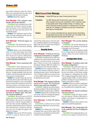 Windows 2000


been patches released to repair the vulnera-
bility, and occasionally they may show up as           Most Unusual Error Message
inconsistent with the system on Startup.
   Solution: Restart the computer.                     Error Message: “Invalid RDP Data can Cause Terminal Service Failure.”

Error Message: “The computer name                      Translation:          The RDP (Remote Data Protocol) that’s used to communicate with
already exists on the network.”                                              other computers had a security vulnerability in which a particular series
  Translation: Each workstation has an indi-                                 of data packets weren’t being handled correctly. If a malicious user
vidual name for effective network manage-                                    were to send these particular packets to an affected server, the server
ment and security. If two workstations have                                  would fail. The message is considered unusual since it should have
been given the same name, the network will                                   been fixed by a security patch.
not let both operate.
  Solution: The duplication must be elimi-             Solution:             This is a security vulnerability that can easily be fixed by downloading
nated. Take both workstations off the network,                               the appropriate security patch from Microsoft’s site. The problem is dis-
rename one of them, and restart.                                             cussed in Microsoft’s Security Bulletin MS01-052. ■

Error Message: “Network logons are                  Control Panel. If this doesn’t correct the prob-        Error Message: “The security database
paused.”                                            lem, reinstall the Registry from the Emergency          is corrupted.”
   Translation: The administrator has sus-          Repair Disk that was created when Windows                  Translation: The security information for
pended access to the network by disabling           2000 was originally installed.                          the computer or the connection to the network
logons.                                                                                                     is damaged or can’t be accessed.
   Solution: Speak to your network adminis-                        Security Errors                             Solution: The security information should
trator if a notice about logons hasn’t been                                                                 be on a backup done by the individual or the
issued, or if a time frame for the pause hasn’t     Error Message: “Certificate Services                    company. Restore the security database from
been announced. If you have administrator           configuration information is corrupted.”                the backup.
access, continue the Netlogon service by typ-          Translation: Certificate Services allows for
ing NET CONTINUE NETLOGON.                          certificates to be issued to devices such as cable               Configuration Errors
                                                    modems so security features can be put in
Error Message: “Active connections still            place. If there’s an error in the configuration         Error Message: “A problem exists with
exist.”                                             information, Windows 2000 will consider it to           the system configuration.”
   Translation: When shutting down the              be corrupted and won’t issue the certificate.              Translation: The system hasn’t been con-
computer, the system identifies connections            Solution: Several certificate bugs were              figured properly. There’s also a chance that
that should be closed and issues this alert if it   fixed in the Windows 2000 Service Pack 4,               there are interoperability problems with
finds any. Another possibility is that you tried    including this type of error. Visit the Microsoft       devices and systems, or that system settings
to delete a network connection that still has an    site for Windows 2000 (www.microsoft.com                were changed so a configuration error results.
active process or is being utilized.                /windows2000/default.asp) and download                  This is a general message that doesn’t point to
   Solution: For security reasons, log out of the   the appropriate service pack.                           a specific problem. Rather, it could be a host of
connections that are open. In the future, be sure                                                           problems resulting from poor installation or
the processes running on a server are completed     Error Message: “The Issuing Certificate                 hardware and software conflicts.
before you break the connection to that server      could not be found. The Certificate                        Solution: Check your system configuration
and that processes on all remote servers are        Services may need to be reinstalled.”                   settings to make sure they’re correct. If they
completed before you log off and shut down.            Translation: Unlike the error about informa-         are, it’s probably best to reinstall the system.
                                                    tion being corrupted, in this case the system can’t
Error Message: “Invalid address was                 find the information it needs to issue a certificate.   Error Message: “An internal consistency
specified for adapter name. This inter-                Solution: Reinstall the Certificate Services         error has occurred.”
face cannot be initialized.”                        and restart. If the error message still appears,          Translation: Usually, this refers to a prob-
  Translation: This error is part of a TCP/IP       download the Windows Service Pack 4.                    lem with software. Windows 2000 detects a
system and involves bindings. In Windows                                                                    problem with settings or configurations of a
2000, binding is the process of associating a       Error Message: “A disk I/O failure                      specific application.
protocol driver with the network adapter it         occurred.”                                                Solution: Determine which software is the
will work with, and then establishing a com-           Translation: A software error occurred               culprit and reinstall that application.
munication channel between the two. If part of      while Windows 2000 tried to access the securi-
that communication is hindered, then this           ty database file.                                       Error Message: “The configuration file
error may occur. It might also appear if the           Solution: Use a backup copy of the securi-           or the command line has an ambiguous
Registry is corrupted.                              ty database from a server and try again. If the         option.”
  Solution: Remove the TCP/IP and then              error persists, it’s possible that your hard drive        Translation: The configuration file is a sys-
reinstall it using the Network option in            could have hardware problems.                           tem file you can change to customize the way
86 • PC Errors
 