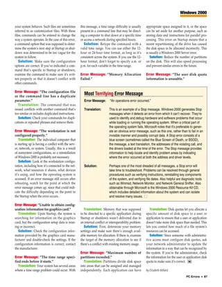 Windows 2000


your system behaves. Such files are sometimes        this message, a time range difficulty is usually    appropriate space assigned to it, or the space
referred to as customization files. With these       present in a command line that may be direct-       can be set aside for another purpose, such as
files, commands can be entered to change the         ing a computer to shut down at a specific time      storing data and instructions for parallel pro-
way a system operates. In the case of this error,    or access a network during specified hours.         cessing. This error on Startup means that a
a command option that was supposed to deter-            Solution: Retype the command with a              recent repartitioning of the drive has caused
mine the system’s next step at Startup or shut-      valid time range. You can use either the 12-        the disk space to be allocated incorrectly. This
down was determined to be too vague for the          hour or 24-hour time format, as long as it’s        is usually a Windows 2000 Server error.
system to follow.                                    consistent across the system. If you use the 12-       Solution: Reduce the number of partitions
   Solution: Make sure the configuration             hour format, don’t forget to specify a.m. or        on the disk. This will also speed processing
options are correct. If you’ve indicated a com-      p.m. for each variable in the time range.           and prevent similar errors in the future.
mand that’s specific to Startup or shutdown,
examine the command to make sure it’s writ-          Error Message: “Memory Allocation                   Error Message: “The user disk quota
ten properly or that it doesn’t conflict with        Failed.”                                            information is unusable.”
other commands.

Error Message: “The configuration file
or the command line has a duplicate
                                                       Most Terrifying Error Message
parameter.”                                            Error Message:       “An operations error occurred.”
   Translation: The command that was
issued conflicts with another command that’s           Translation:         This is an example of a Stop message. Windows 2000 generates Stop
too similar or includes duplicated instructions.                            messages when it detects an error from which it can’t recover. They’re
   Solution: Check your commands for dupli-                                 used to identify and debug hardware and software problems that occur
cations or repeated phrases and remove them.                                while loading or running the operating system. When a critical part of
                                                                            the operating system fails, Microsoft notes that it’s preferable to gener-
Error Message: “The workstation is not                                      ate an obvious error message, such as this one, rather than to fail in an
configured properly.”                                                       invisible manner and possibly corrupt data. A Stop error consists of a
   Translation: The individual computer that                                blue screen (sometimes called the Blue Screen of Death, or BSOD),
is starting up is having a conflict with the serv-                          the message, a text translation, the addresses of the violating call, and
er, network, or system. Usually, this is a result                           the drivers loaded at the time of the error. The Stop message provides
of nonsystem configurations, so a reinstallation                            information to help locate and identify problem areas by indicating
of Windows 2000 is probably not necessary.                                  where the error occurred at both the address and driver levels.
   Solution: Look at the workstation configu-
ration, including how it’s connected to the net-       Solution:            Perhaps one of the most dreaded of all messages, a Stop error will
work, what resources it shares, what devices                                take time to troubleshoot. Problems can be resolved through general
it’s using, and how the operating system is                                 procedures such as verifying instructions, reinstalling key components
accessed. If an error message still occurs after                            of the system, and verifying file dates. Also helpful are diagnostic tools
rebooting, watch for the point at which the                                 such as Winmsd, Network Monitor, and Network General Sniffer. Also
error message comes up, since that could indi-                              obtainable through Microsoft is the Windows 2000 Resource Kit CD,
cate the difficulty depending on the point in                               which includes detailed information about the system and can isolate
the Startup when the error occurs.                                          and resolve many issues. ■

Error Message: “Unable to obtain config-
uration information for graphics card.”                 Translation: Memory that was supposed               Translation: Disk quotas let you allocate a
   Translation: Upon Startup, the system is          to be directed to a specific application during     specific amount of disk space to a user or
searching for information on the graphics            Startup or shutdown wasn’t delivered due to         application to ensure that a user or application
card, but the configuration setup data is miss-      an internal conflict or interoperability problem.   doesn’t take more disk space than needed. This
ing or incorrect.                                       Solution: First, determine your memory           lets you control how much of a file system’s
   Solution: Check the configuration infor-          settings and make sure there’s enough avail-        resources can be accessed.
mation provided by the graphics card manu-           able memory for allocation. If there is, examine       Solution: Since someone with administra-
facturer and double-check the settings. If the       the target of the memory allocation to see if       tive access must configure disk quotas, ask
configuration information is correct, contact        there’s a conflict with existing memory usage.      your network administrator to update the
the manufacturer.                                                                                        information in a way that can be recognized by
                                                     Error Message: “Maximum number of                   the system. If you’re the administrator, check
Error Message: “The time range speci-                partitions exceeded.”                               the information for the user or application disk
fied ends before it starts.”                            Translation: Partitions divide disk space        quota to make sure it’s correct. RS
   Translation: Your system has several areas        into areas that can be assigned and managed
where a time range problem could occur. With         independently. Each application can have            by Elizabeth Millard
                                                                                                                                         PC Errors • 87
 