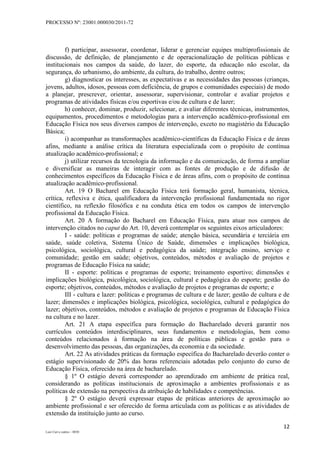 PROCESSO Nº: 23001.000030/2011-72
12
Luiz Curi e outros – 0030
f) participar, assessorar, coordenar, liderar e gerenciar equipes multiprofissionais de
discussão, de definição, de planejamento e de operacionalização de políticas públicas e
institucionais nos campos da saúde, do lazer, do esporte, da educação não escolar, da
segurança, do urbanismo, do ambiente, da cultura, do trabalho, dentre outros;
g) diagnosticar os interesses, as expectativas e as necessidades das pessoas (crianças,
jovens, adultos, idosos, pessoas com deficiência, de grupos e comunidades especiais) de modo
a planejar, prescrever, orientar, assessorar, supervisionar, controlar e avaliar projetos e
programas de atividades físicas e/ou esportivas e/ou de cultura e de lazer;
h) conhecer, dominar, produzir, selecionar, e avaliar diferentes técnicas, instrumentos,
equipamentos, procedimentos e metodologias para a intervenção acadêmico-profissional em
Educação Física nos seus diversos campos de intervenção, exceto no magistério da Educação
Básica;
i) acompanhar as transformações acadêmico-científicas da Educação Física e de áreas
afins, mediante a análise crítica da literatura especializada com o propósito de contínua
atualização acadêmico-profissional; e
j) utilizar recursos da tecnologia da informação e da comunicação, de forma a ampliar
e diversificar as maneiras de interagir com as fontes de produção e de difusão de
conhecimentos específicos da Educação Física e de áreas afins, com o propósito de contínua
atualização acadêmico-profissional.
Art. 19 O Bacharel em Educação Física terá formação geral, humanista, técnica,
crítica, reflexiva e ética, qualificadora da intervenção profissional fundamentada no rigor
científico, na reflexão filosófica e na conduta ética em todos os campos de intervenção
profissional da Educação Física.
Art. 20 A formação do Bacharel em Educação Física, para atuar nos campos de
intervenção citados no caput do Art. 10, deverá contemplar os seguintes eixos articuladores:
I - saúde: políticas e programas de saúde; atenção básica, secundária e terciária em
saúde, saúde coletiva, Sistema Único de Saúde, dimensões e implicações biológica,
psicológica, sociológica, cultural e pedagógica da saúde; integração ensino, serviço e
comunidade; gestão em saúde; objetivos, conteúdos, métodos e avaliação de projetos e
programas de Educação Física na saúde;
II - esporte: políticas e programas de esporte; treinamento esportivo; dimensões e
implicações biológica, psicológica, sociológica, cultural e pedagógica do esporte; gestão do
esporte; objetivos, conteúdos, métodos e avaliação de projetos e programas de esporte; e
III - cultura e lazer: políticas e programas de cultura e de lazer; gestão de cultura e de
lazer; dimensões e implicações biológica, psicológica, sociológica, cultural e pedagógica do
lazer; objetivos, conteúdos, métodos e avaliação de projetos e programas de Educação Física
na cultura e no lazer.
Art. 21 A etapa específica para formação do Bacharelado deverá garantir nos
currículos conteúdos interdisciplinares, seus fundamentos e metodologias, bem como
conteúdos relacionados à formação na área de políticas públicas e gestão para o
desenvolvimento das pessoas, das organizações, da economia e da sociedade.
Art. 22 As atividades práticas da formação específica do Bacharelado deverão conter o
estágio supervisionado de 20% das horas referenciais adotadas pelo conjunto do curso de
Educação Física, oferecido na área de bacharelado.
§ 1º O estágio deverá corresponder ao aprendizado em ambiente de prática real,
considerando as políticas institucionais de aproximação a ambientes profissionais e as
políticas de extensão na perspectiva da atribuição de habilidades e competências.
§ 2º O estágio deverá expressar etapas de práticas anteriores de aproximação ao
ambiente profissional e ser oferecido de forma articulada com as políticas e as atividades de
extensão da instituição junto ao curso.
 
