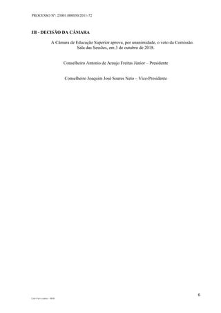 PROCESSO Nº: 23001.000030/2011-72
6
Luiz Curi e outros – 0030
III - DECISÃO DA CÂMARA
A Câmara de Educação Superior aprova, por unanimidade, o voto da Comissão.
Sala das Sessões, em 3 de outubro de 2018.
Conselheiro Antonio de Araujo Freitas Júnior – Presidente
Conselheiro Joaquim José Soares Neto – Vice-Presidente
 