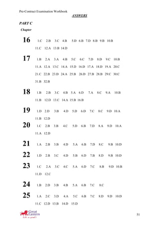 Pre-Contract Examination Workbook
51
ANSWERS
PART C
Chapter
16 1.C 2.B 3.C 4.B 5.D 6.B 7.D 8.B 9.B 10.B
11.C 12.A 13.B 14.D
17 1.B 2.A 3.A 4.B 5.C 6.C 7.D 8.D 9.C 10.B
11.A 12.A 13.C 14.A 15.D 16.D 17.A 18.D 19.A 20.C
21.C 22.B 23.D 24.A 25.B 26.D 27.B 28.B 29.C 30.C
31.B 32.B
18 1.B 2.B 3.C 4.B 5.A 6.D 7.A 8.C 9.A 10.B
11.B 12.D 13.C 14.A 15.B 16.B
19 1.D 2.D 3.B 4.D 5.D 6.D 7.C 8.C 9.D 10.A
11.B 12.D
20 1.C 2.B 3.B 4.C 5.D 6.B 7.D 8.A 9.D 10.A
11.A 12.D
21 1.A 2.B 3.B 4.D 5.A 6.B 7.D 8.C 9.B 10.D
22 1.D 2.B 3.C 4.D 5.B 6.D 7.B 8.D 9.B 10.D
23 1.C 2.A 3.C 4.C 5.A 6.D 7.C 8.B 9.D 10.B
11.D 12.C
24 1.B 2.D 3.B 4.B 5.A 6.B 7.C 8.C
25 1.A 2.C 3.D 4.A 5.C 6.B 7.C 8.D 9.D 10.D
11.C 12.D 13.B 14.D 15.D
 