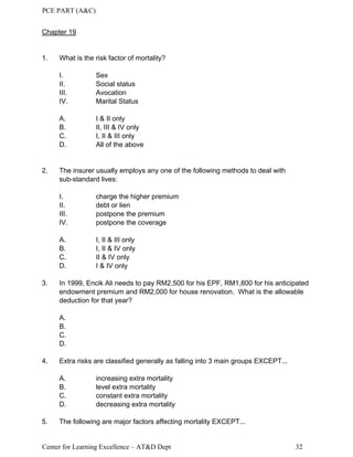 PCE PART (A&C)
Center for Learning Excellence – AT&D Dept 32
Chapter 19
1. What is the risk factor of mortality?
I. Sex
II. Social status
III. Avocation
IV. Marital Status
A. I & II only
B. II, III & IV only
C. I, II & III only
D. All of the above
2. The insurer usually employs any one of the following methods to deal with
sub-standard lives:
I. charge the higher premium
II. debt or lien
III. postpone the premium
IV. postpone the coverage
A. I, II & III only
B. I, II & IV only
C. II & IV only
D. I & IV only
3. In 1999, Encik Ali needs to pay RM2,500 for his EPF, RM1,800 for his anticipated
endowment premium and RM2,000 for house renovation. What is the allowable
deduction for that year?
A.
B.
C.
D.
4. Extra risks are classified generally as falling into 3 main groups EXCEPT...
A. increasing extra mortality
B. level extra mortality
C. constant extra mortality
D. decreasing extra mortality
5. The following are major factors affecting mortality EXCEPT...
 