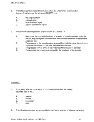 PCE PART (A&C)
Center for Learning Excellence – AT&D Dept 38
6. The following are sources of information when the underwriter examines the
degree of risk before a life is insured EXCEPT one:
A. the proposal form
B. medical report
C. letter from employer
D. agent's confidential report
7. Which of the following about a proposal form is CORRECT?
A. A proposal form consists basically of a series of questions drawn up by the
insurer, requesting certain information which will enable them to assess the
proposed risk
B. The answers to the questions in a proposal form will discharge the duty upon
a prospective insured to disclose all material information
C. The proposal form is prima facie evidence of the insurance contract
D. The proposal form must be endorsed by the employer of the insured
Chapter 23
1. For a policy effected under section 23 of the Civil Law Act, the money
would be paid to the...
A. spouse
B. trustee
C. beneficiary
D. child
2. The following document are acceptable to the insurer as proof of title and ownership:
 