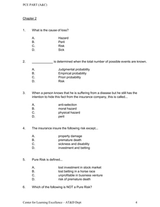 PCE PART (A&C)
Center for Learning Excellence – AT&D Dept 4
Chapter 2
1. What is the cause of loss?
A. Hazard
B. Peril
C. Risk
D. Sick
2. ____________ is determined when the total number of possible events are known.
A. Judgmental probability
B. Empirical probability
C. Priori probability
D. Risk
3. When a person knows that he is suffering from a disease but he still has the
intention to hide this fact from the insurance company, this is called...
A. anti-selection
B. moral hazard
C. physical hazard
D. peril
4. The insurance insure the following risk except...
A. property damage
B. premature death
C. sickness and disability
D. investment and betting
5. Pure Risk is defined...
A. lost investment in stock market
B. lost betting in a horse race
C. unprofitable in business venture
D. risk of premature death
6. Which of the following is NOT a Pure Risk?
 