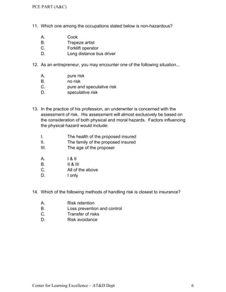 PCE PART (A&C)
Center for Learning Excellence – AT&D Dept 6
11. Which one among the occupations stated below is non-hazardous?
A. Cook
B. Trapeze artist
C. Forklift operator
D. Long distance bus driver
12. As an entrepreneur, you may encounter one of the following situation...
A. pure risk
B. no risk
C. pure and speculative risk
D. speculative risk
13. In the practice of his profession, an underwriter is concerned with the
assessment of risk. His assessment will almost exclusively be based on
the consideration of both physical and moral hazards. Factors influencing
the physical hazard would include:
I. The health of the proposed insured
II. The family of the proposed insured
III. The age of the proposer
A. I & II
B. II & III
C. All of the above
D. I only
14. Which of the following methods of handling risk is closest to insurance?
A. Risk retention
B. Loss prevention and control
C. Transfer of risks
D. Risk avoidance
 