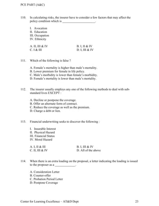 PCE PART (A&C)
Center for Learning Excellence – AT&D Dept 23
110. In calculating risks, the insurer have to consider a few factors that may affect the
policy condition which is _____________________.
I. Avocation
II. Education
III. Occupation
IV. Ethnicity
A. II, III & IV B. I, II & IV
C. I & III D. I, III & IV
111. Which of the following is false ?
A. Female’s mortality is higher than male’s mortality.
B. Lower premium for female in life policy.
C. Male’s morbidity is lower than female’s morbidity.
D. Female’s mortality is lower than male’s mortality.
112. The insurer usually employs any one of the following methods to deal with sub-
standard lives EXCEPT :
A. Decline or postpone the coverage.
B. Offer an alternate form of contract.
C. Reduce the coverage as well as the premium.
D. Charge a debt or lien.
113. Financial underwriting seeks to discover the following :
I. Insurable Interest
II. Physical Hazard
III. Financial Status
IV. Moral Hazard
A. I, II & III B. I, III & IV
C. II, III & IV D. All of the above
114. When there is an extra loading on the proposal, a letter indicating the loading is issued
to the proposer as a _____________.
A. Consideration Letter
B. Counter-offer
C. Probation Period Letter
D. Postpone Coverage
 