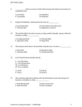 PCE PART (A&C)
Center for Learning Excellence – AT&D Dept 3
8. ____________ refers to an area of study which measures the chance of occurrence of
a particular event.
A. Possibility B. Probability
C. Uncertainty D. Prediction
9. Empirical Probability is determined on the basis of ____________.
A. government date B. total number of possible event
C. historical data D. judgement of a person
10. The risk that affects the entire economy or large number of people / groups within the
economy is called ______________.
A. Fundamental Risk B. Particular Risk
C. Speculative Risk D. Major Risk
11. The situation where there is the possibility of profit, loss or no loss is _____________.
A. Pure Risk B. Speculative Risk
C. Particular Risk D. Fundamental Risk
12. Loss Control measures handle risks by :
I. Loss Prevention
II. Loss Minimisation
III. Loss Prediction
IV. Loss Avoidance
A. I & II B. II & III
C. I & IV D. III & IV
13. The systematic approach to dealing with risks that threaten assets and earnings of a
business or enterprise is called ________________.
A. Risk Management B. Risk Conservation
C. Risk Diversion D. Risk Avoidance
 