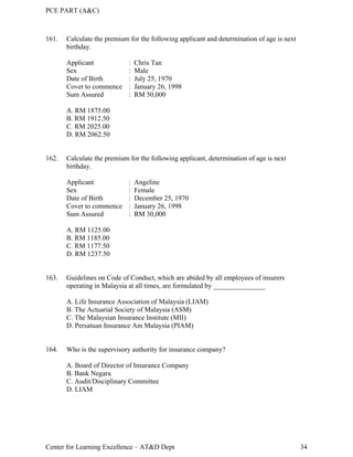 PCE PART (A&C)
Center for Learning Excellence – AT&D Dept 34
161. Calculate the premium for the following applicant and determination of age is next
birthday.
Applicant : Chris Tan
Sex : Male
Date of Birth : July 25, 1970
Cover to commence : January 26, 1998
Sum Assured : RM 50,000
A. RM 1875.00
B. RM 1912.50
C. RM 2025.00
D. RM 2062.50
162. Calculate the premium for the following applicant, determination of age is next
birthday.
Applicant : Angeline
Sex : Female
Date of Birth : December 25, 1970
Cover to commence : January 26, 1998
Sum Assured : RM 30,000
A. RM 1125.00
B. RM 1185.00
C. RM 1177.50
D. RM 1237.50
163. Guidelines on Code of Conduct, which are abided by all employees of insurers
operating in Malaysia at all times, are formulated by _______________
A. Life Insurance Association of Malaysia (LIAM)
B. The Actuarial Society of Malaysia (ASM)
C. The Malaysian Insurance Institute (MII)
D. Persatuan Insurance Am Malaysia (PIAM)
164. Who is the supervisory authority for insurance company?
A. Board of Director of Insurance Company
B. Bank Negara
C. Audit/Disciplinary Committee
D. LIAM
 