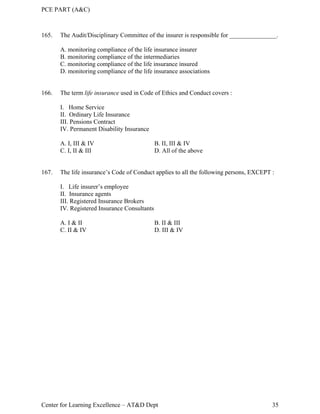 PCE PART (A&C)
Center for Learning Excellence – AT&D Dept 35
165. The Audit/Disciplinary Committee of the insurer is responsible for _______________.
A. monitoring compliance of the life insurance insurer
B. monitoring compliance of the intermediaries
C. monitoring compliance of the life insurance insured
D. monitoring compliance of the life insurance associations
166. The term life insurance used in Code of Ethics and Conduct covers :
I. Home Service
II. Ordinary Life Insurance
III. Pensions Contract
IV. Permanent Disability Insurance
A. I, III & IV B. II, III & IV
C. I, II & III D. All of the above
167. The life insurance’s Code of Conduct applies to all the following persons, EXCEPT :
I. Life insurer’s employee
II. Insurance agents
III. Registered Insurance Brokers
IV. Registered Insurance Consultants
A. I & II B. II & III
C. II & IV D. III & IV
 