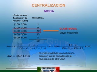 CENTRALIZACION
                                         MODA
      Costo de una
     habitación de          FRECUENCIA
     hospital (USD)
      {100, 200)                1
      {200, 300)                9                         CLASE MODAL
      {300, 400)               20
                                                          Mayor frecuencia
      {400, 500)               15
      {500, 600)                5
                               50
                       fi  fi 1                                   20 9
Mo    Li                                     * ai   300                    100
           ( fi   fi    1)  ( fi    fi   )
                                         1                  20   9   20 15

                                   El costo modal de una habitación
Me      369 USD                    doble en las 50 ciudades de la
                                   muestra es de 369 USD
 