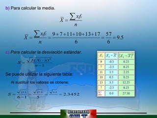 b) Para calcular la media.
                                                    xifi

                                            X
                                                    n
                              xifi    9 7 11 10 13 17      57
                  X                                           9.5
                           n                 6             6
c) Para calcular la desviación estándar.
                       fi ( Xi x) 2
            S
                          n 1

Se puede utilizar la siguiente tabla:
        Al sustituir los valores se obtiene:

                27.5      27.5        5.5
    S                                           2.3452
           6      1       5
 