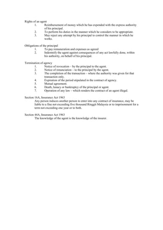 Rights of an agent
1. Reimbursement of money which he has expended with the express authority
of his principal.
2. To perform his duties in the manner which he considers to be appropriate.
3. May reject any attempt by his principal to control the manner in which he
works.
Obligations of the principal
1. To pay remuneration and expenses as agreed
2. Indemnify the agent against consequences of any act lawfully done, within
his authority, on behalf of his principal.
Termination of agency
1. Notice of revocation – by the principal to the agent.
2. Notice of renunciation – to the principal by the agent.
3. The completion of the transaction – where the authority was given for that
transaction only.
4. Expiration of the period stipulated in the contract of agency.
5. Mutual agreement.
6. Death, lunacy or bankruptcy of the principal or agent.
7. Operation of any law – which renders the contract of an agent illegal.
Section 16A, Insurance Act 1963
Any person induces another person to enter into any contract of insurance, may be
liable to a fine not exceeding five thousand Ringgit Malaysia or to imprisonment for a
term not exceeding one year or to both.
Section 44A, Insurance Act 1963
The knowledge of the agent is the knowledge of the insurer.
 