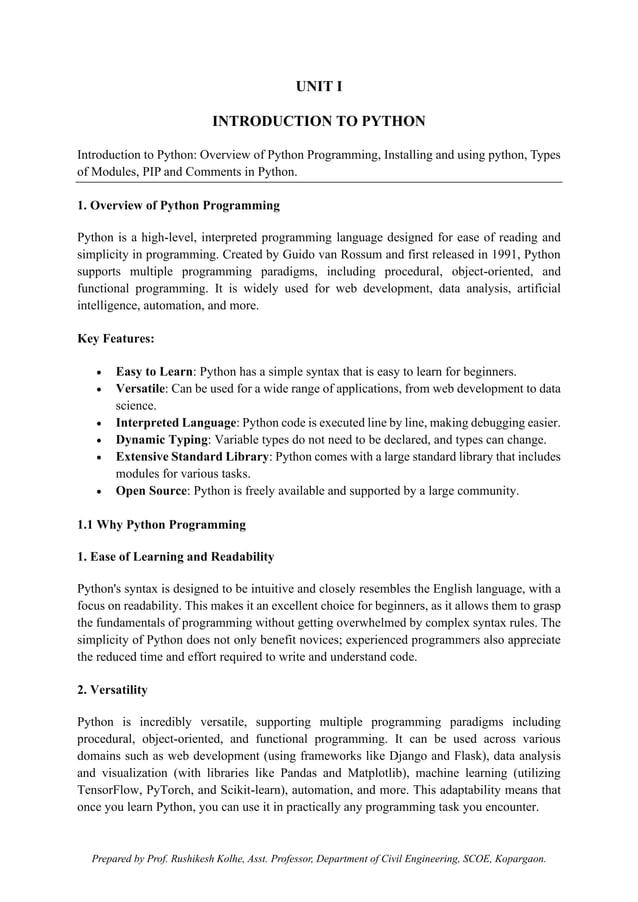 Programming in Civil Engineering_UNIT 1_NOTES | PDF