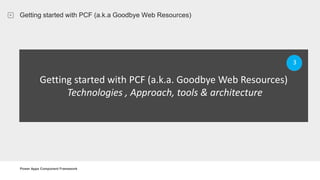 Power Apps Component Framework
Getting started with PCF (a.k.a Goodbye Web Resources)
Getting started with PCF (a.k.a. Goodbye Web Resources)
Technologies , Approach, tools & architecture
3
 