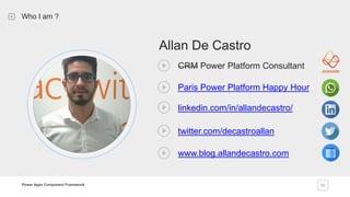 PowerApps Component Framework 03
Allan De Castro
Who I am ?
CRM Power Platform Consultant
linkedin.com/in/allandecastro/
twitter.com/decastroallan
www.blog.allandecastro.com
Paris Power Platform Happy Hour
Power Apps Component Framework
 