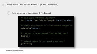 Power Apps Component Framework
Getting started with PCF (a.k.a Goodbye Web Resources)
Life cycle of a component (index.ts)
 