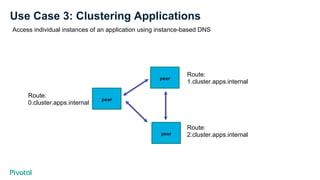 Use Case 3: Clustering Applications
Access individual instances of an application using instance-based DNS
peer
peer
peer
Route:
1.cluster.apps.internal
Route:
2.cluster.apps.internal
Route:
0.cluster.apps.internal
 