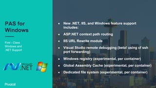 ●  New .NET, IIS, and Windows feature support
includes:
●  ASP.NET context path routing
●  IIS URL Rewrite module
●  Visual Studio remote debugging (beta! using cf ssh
port forwarding)
●  Windows registry (experimental, per container)
●  Global Assembly Cache (experimental, per container)
●  Dedicated file system (experimental, per container)
First - Class
Windows and
.NET Support
PAS for
Windows
 