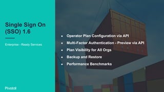 Enterprise - Ready Services
Single Sign On
(SSO) 1.6
●  Operator Plan Configuration via API
●  Multi-Factor Authentication - Preview via API
●  Plan Visibility for All Orgs
●  Backup and Restore
●  Performance Benchmarks
 