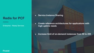 Enterprise - Ready Services
Redis for PCF
●  Service Instance Sharing
●  Create reference architectures for applications with
high uptime needs
●  Increase limit of on-demand instances from 50 to 200
 