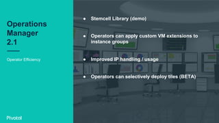 Operations
Manager
2.1
Operator Efficiency
●  Stemcell Library (demo)
●  Operators can apply custom VM extensions to
instance groups
●  Improved IP handling / usage
●  Operators can selectively deploy tiles (BETA)
 