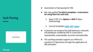 IaaS Paving
● Automation of IaaS paving for PAS
● We now publish Terraform templates + instructions
for using them for each IaaS
○ New in PCF 2.2: vSphere + NSX-T! [docs
forthcoming]
○ Current templates: AWS, GCP, Azure
● Customers can prepare the load balancers, networks
and databases needed by PAS in a way that is
reproducible, automatable, accurate and extensible.
● This working example supports our efforts to
transform IT Operations through the application of
SRE principles.
Scalability
 