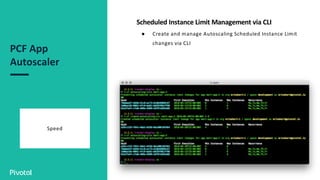 PCF App
Autoscaler
Speed
Scheduled Instance Limit Management via CLI
● Create and manage Autoscaling Scheduled Instance Limit
changes via CLI
 