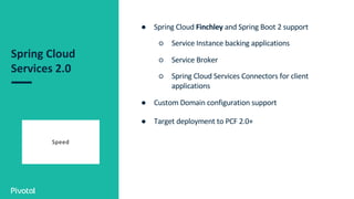 Spring Cloud
Services 2.0
● Spring Cloud Finchley and Spring Boot 2 support
○ Service Instance backing applications
○ Service Broker
○ Spring Cloud Services Connectors for client
applications
● Custom Domain configuration support
● Target deployment to PCF 2.0+
Speed
 
