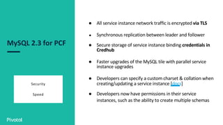 MySQL 2.3 for PCF
Security
Speed
● All service instance network traffic is encrypted via TLS
● Synchronous replication between leader and follower
● Secure storage of service instance binding credentials in
Credhub
● Faster upgrades of the MySQL tile with parallel service
instance upgrades
● Developers can specify a custom charset & collation when
creating/updating a service instance [docs]
● Developers now have permissions in their service
instances, such as the ability to create multiple schemas
 