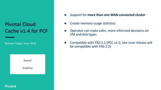 Release Target: June 2018
Pivotal Cloud
Cache v1.4 for PCF
Speed
Stability
● Support for more than one WAN connected cluster
● Create memory usage statistics
● Operator can make safer, more informed decisions on
VM and disk types
● Compatible with PAS 2.1 (PCC v1.5, late June release will
be compatible with PAS 2.2)
 