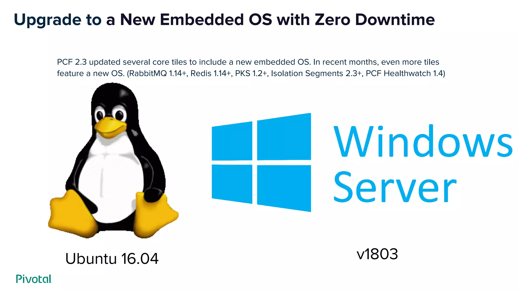 Upgrade to a New Embedded OS with Zero Downtime
Ubuntu 16.04 v1803
PCF 2.3 updated several core tiles to include a new embedded OS. In recent months, even more tiles
feature a new OS. (RabbitMQ 1.14+, Redis 1.14+, PKS 1.2+, Isolation Segments 2.3+, PCF Healthwatch 1.4)
 
