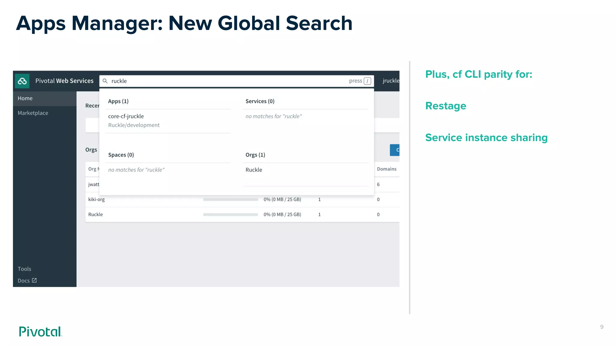 Apps Manager: New Global Search
9
Plus, cf CLI parity for:
Restage
Service instance sharing
 