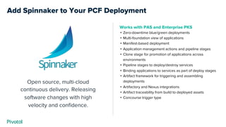 Add Spinnaker to Your PCF Deployment
Open source, multi-cloud
continuous delivery. Releasing
software changes with high
velocity and confidence.
Works with PAS and Enterprise PKS
• Zero-downtime blue/green deployments
• Multi-foundation view of applications
• Manifest-based deployment
• Application management actions and pipeline stages
• Clone stage for promotion of applications across
environments
• Pipeline stages to deploy/destroy services
• Binding applications to services as part of deploy stages
• Artifact framework for triggering and assembling
deployments
• Artifactory and Nexus integrations
• Artifact traceability from build to deployed assets
• Concourse trigger type
 