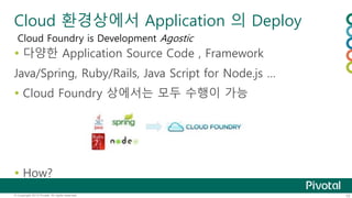 Cloud 환경상에서 Application 의 Deploy 
Cloud Foundry is Development Agostic 
 다양한 Application Source Code , Framework 
Java/Spring, Ruby/Rails, Java Script for Node.js … 
 Cloud Foundry 상에서는 모두 수행이 가능 
 How? 
© Copyright 2013 Pivotal. All rights reserved. 10 
 