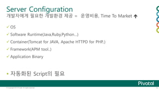 Server Configuration 
개발자에게 필요한 개발환경 제공 = 운영비용, Time To Market  
 OS 
 Software Runtime(Java,Ruby,Python…) 
 Container(Tomcat for JAVA, Apache HTTPD for PHP..) 
 Framework(APM tool..) 
 Application Binary 
 자동화된 Script의 필요 
© Copyright 2013 Pivotal. All rights reserved. 11 
 