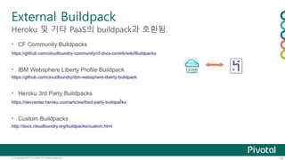 External Buildpack 
Heroku 및 기타 PaaS의 buildpack과 호환됨. 
© Copyright 2013 Pivotal. All rights reserved. 18 
 