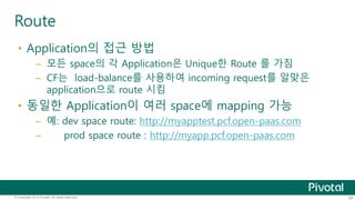 Route 
• Application의 접근 방법 
– 모든 space의 각 Application은 Unique한 Route 를 가짐 
– CF는 load-balance를 사용하여 incoming request를 알맞은 
application으로 route 시킴 
• 동일한 Application이 여러 space에 mapping 가능 
– 예: dev space route: http://myapptest.pcf.open-paas.com 
– prod space route : http://myapp.pcf.open-paas.com 
© Copyright 2013 Pivotal. All rights reserved. 28 
 