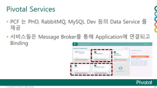 Pivotal Services 
 PCF 는 PHD, RabbitMQ, MySQL Dev 등의 Data Service 를 
제공 
 서비스들은 Message Broker를 통해 Application에 연결되고 
Binding 
© Copyright 2013 Pivotal. All rights reserved. 39 
 