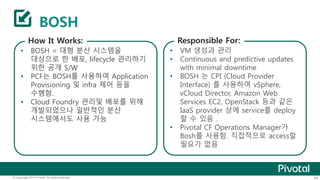 BOSH 
How It Works: 
• BOSH = 대형 분산 시스템을 
대상으로 한 배포, lifecycle 관리하기 
위한 공개 S/W 
• PCF는 BOSH를 사용하여 Application 
Provisioning 및 infra 제어 등을 
수행함. 
• Cloud Foundry 관리및 배포를 위해 
개발되었으나 일반적인 분산 
시스템에서도 사용 가능 
Responsible For: 
• VM 생성과 관리 
• Continuous and predictive updates 
with minimal downtime 
• BOSH 는 CPI (Cloud Provider 
Interface) 를 사용하여 vSphere, 
vCloud Director, Amazon Web 
Services EC2, OpenStack 등과 같은 
IaaS provider 상에 service를 deploy 
할 수 있음 . 
• Pivotal CF Operations Manager가 
Bosh를 사용함. 직접적으로 access할 
필요가 없음 
© Copyright 2013 Pivotal. All rights reserved. 43 
 