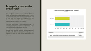 Do you prefer to see a narrative
or visual video?
The use of this question was to find out whether I
should be focusing on a narrative based video or more
of an aesthetic video. The results are a 50/50 split and
so not much can actually be gleaned from this
however it does mean that whatever option I choose
it should be well suited for the audience.
I will most likely choose a visual video since that it is
what my original idea was however if needed, I can
change the video to have a basic narrative.
A visual video would be achieved by having a variety
of shots with different compositions and styles put
together to make the video visually appealing to the
audience.
 