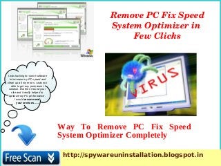 Remove PC Fix Speed 
                                                  System Optimizer in 
                                                       Few Clicks



I was looking for some software
  to increase my PC speed and
clean up all my errors. i was not
    able to get any permanent
 solution. But then i found your
    site and it really helped to
 optimize my PC performance.
       I would recommend
         your services. ….




                                    Way To Remove PC Fix Speed
                                    System Optimizer Completely

                                     http://spywareuninstallation.blogspot.in
 