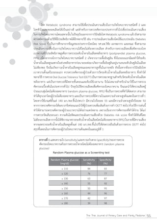 Random Plasma glucose as a Screenting test
Random Plasma glucose   Sensitivity
      (mg/dl)              (%)            (%)




                            55

                            44




                           The Thai Journal of Primary Care and Family Medicine   55
 