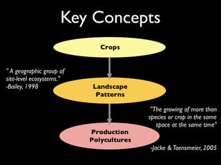 Key Concepts

" A geographic group of
site-level ecosystems."
-Bailey, 1998


                                "The growing of more than
                               species or crop in the same
                                  space at the same time"


                               -Jacke & Toensmeier, 2005
 