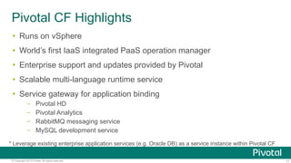 Pivotal CF Highlights
!  Runs on vSphere
!  World’s first IaaS integrated PaaS operation manager
!  Enterprise support and updates provided by Pivotal
!  Scalable multi-language runtime service
!  Service gateway for application binding
– 
– 
– 
– 

Pivotal HD
Pivotal Analytics
RabbitMQ messaging service
MySQL development service

* Leverage existing enterprise application services (e.g. Oracle DB) as a service instance within Pivotal CF
© Copyright 2013 Pivotal. All rights reserved.

17

 