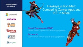 Hawkeye vs Iron Man:
Comparing Canvas Apps and
PCF in MBAU
Natraj Yegnaraman (MVP)
Ee Lane Yu
Solution Architect | Dynamics 365 & PowerApps | Barhead
Lead Consultant | Dynamics 365 & PowerApps | Barhead
 