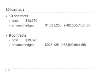 Decision
    10 contracts
        cost:   $43,750
        amount hedged:    $1,031,250 (=62,500x10x1.65)


    9 contracts
        cost :  $39,375
        amount hedged:    $928,125 (=62,500x9x1.65)




    24
 